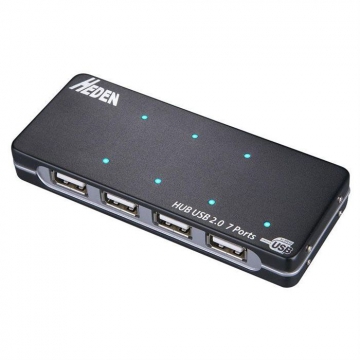 HUB USB Heden 7 ports avec adaptateur, USB 2.0, Noir 